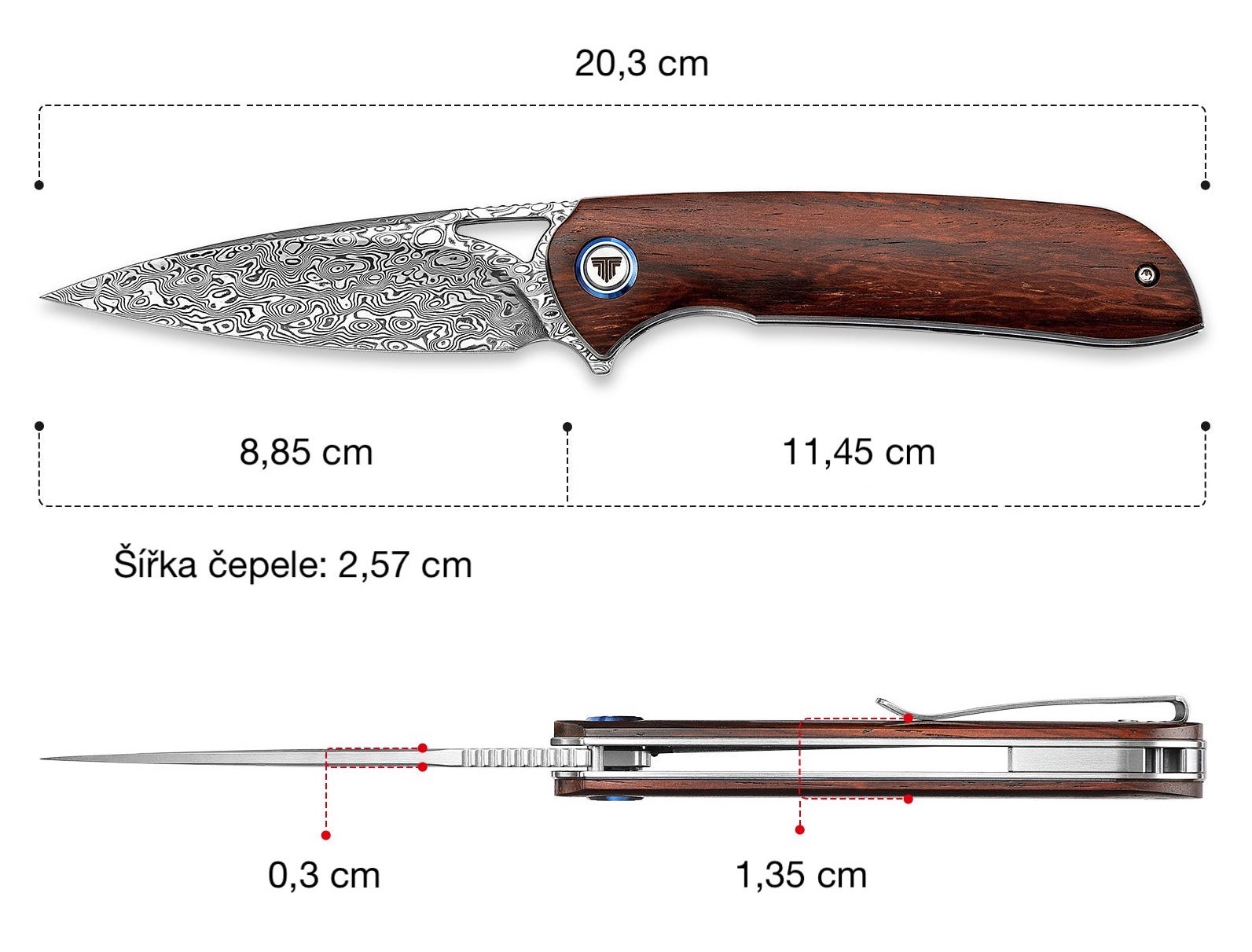 Rozměry zavíracího nože Trivisa Sgr 01